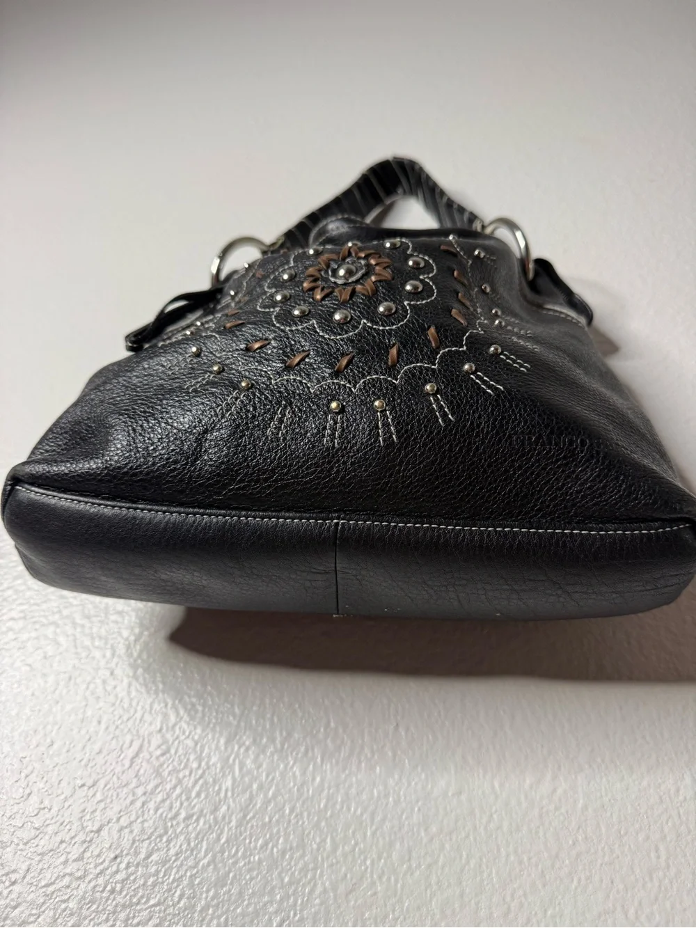 Franco Sarto Black Leather Studded Floral Hobo Shoulder Bag